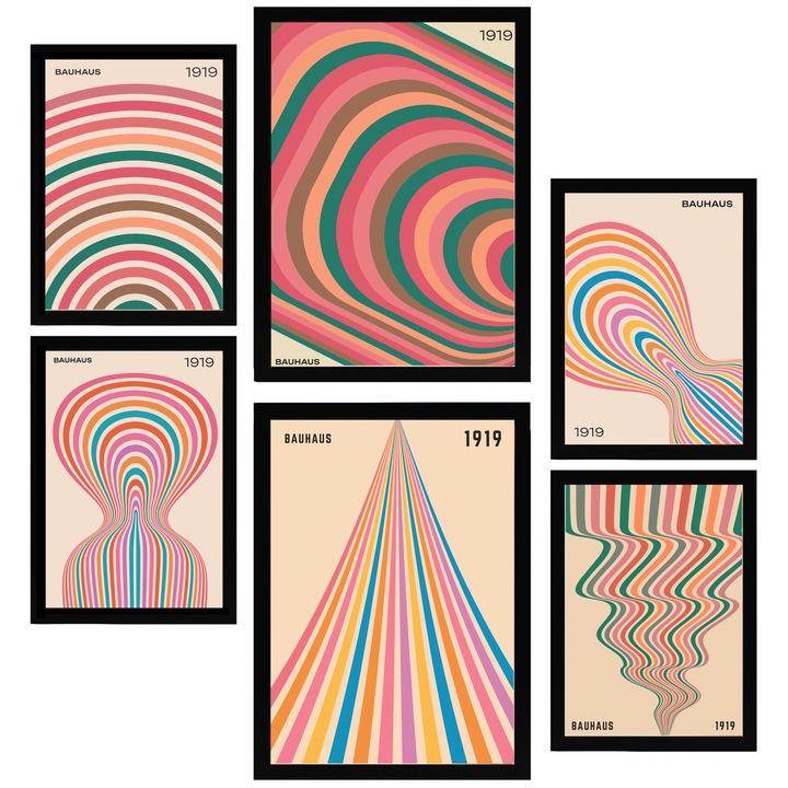 Nacnic Set de 6 postere Forme geometrice Bauhaus Culori pastelate Printuri inramate cu ilustratie de design pentru a decora peretii casei. Camera, birou. A3 si A4 Cadru negru