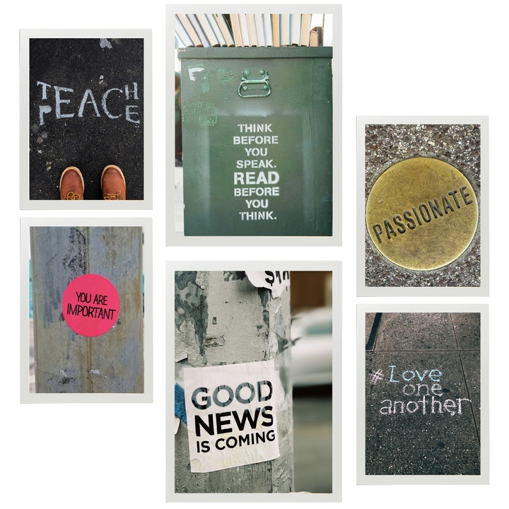 Nacnic Set de 6 postere Fraze de strada inspirationale. Arta Urbana Printuri inramate cu ilustratie de design pentru a decora peretii casei. Camera, birou. A3 si A4 Rama alba
