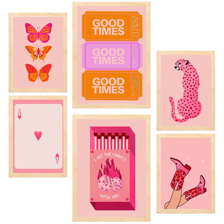 Nacnic Set de 6 postere Ilustratii de arta moderna pentru adolescenti Printuri inramate cu ilustratie de design pentru a decora peretii casei. Camera, birou. A3 si A4 Cadru din lemn deschis