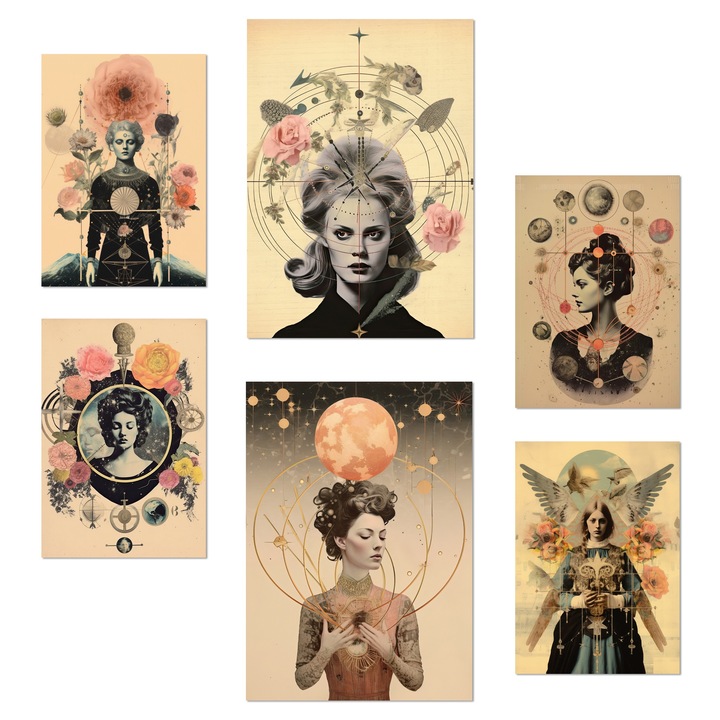 Nacnic Set de 6 postere Colaj floral suprarealist Stil ezoteric mistic Ilustratie de design pentru a decora peretii casei. Magazin birou camere. Dimensiune A3 & A4. Fara rama
