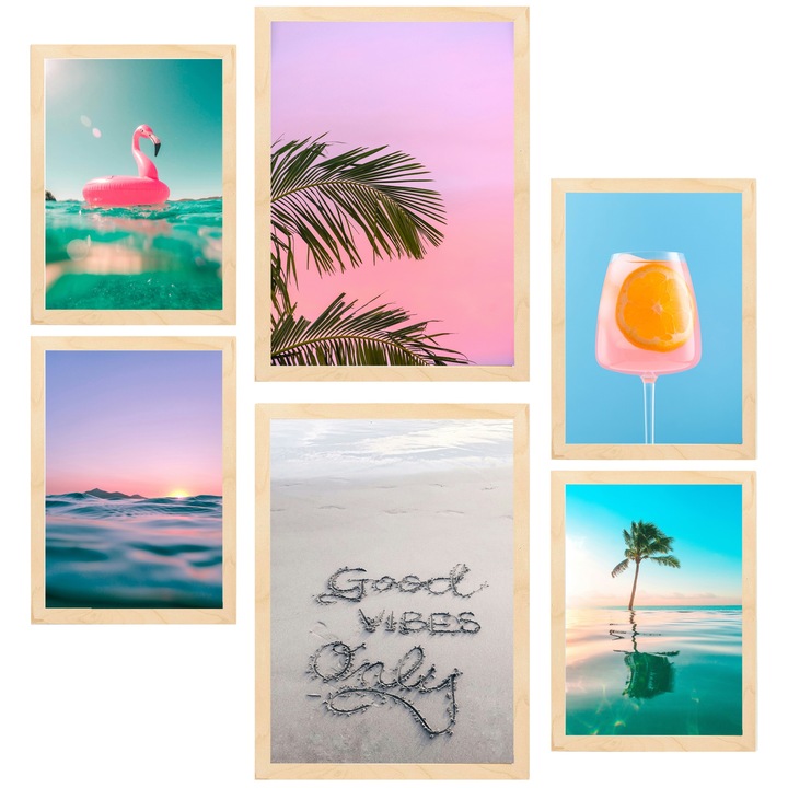 Nacnic Set de 6 postere Vara, culori vibrante de plaja Printuri inramate cu ilustratie de design pentru a decora peretii casei. Camera, birou. A3 si A4 Cadru din lemn deschis