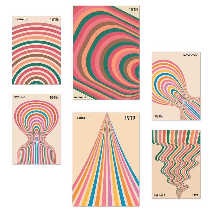 Nacnic Set de 6 postere Forme geometrice Bauhaus Culori pastelate Ilustratie de design pentru a decora peretii casei. Magazin birou camere. Dimensiune A3 & A4. Fara rama