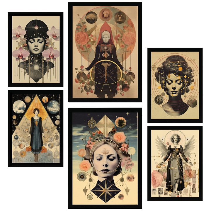 Nacnic Set de 6 postere Colaj feminin suprarealist Stil ezoteric mistic Printuri inramate cu ilustratie de design pentru a decora peretii casei. Camera, birou. A3 si A4 Cadru negru