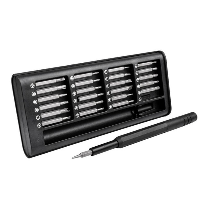 Комплект прецизни отвертки с битове 24 в 1, магнитни глави, пластмаса и метал, черно-сребристо