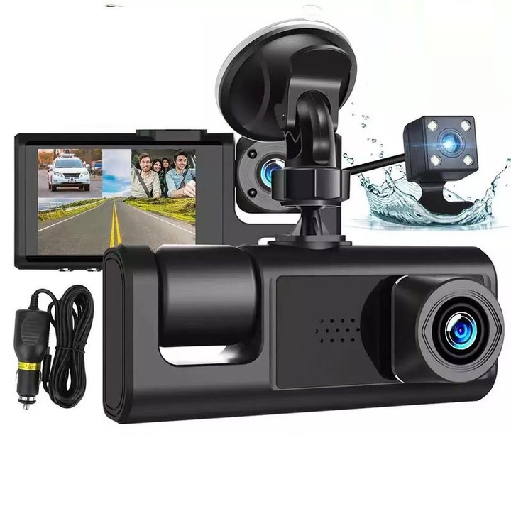 Camera auto DVR, inregistrare in bucla, detectie miscare, G-Sensor, viziune nocturna 1080P, trei lentile, 32GB, negru