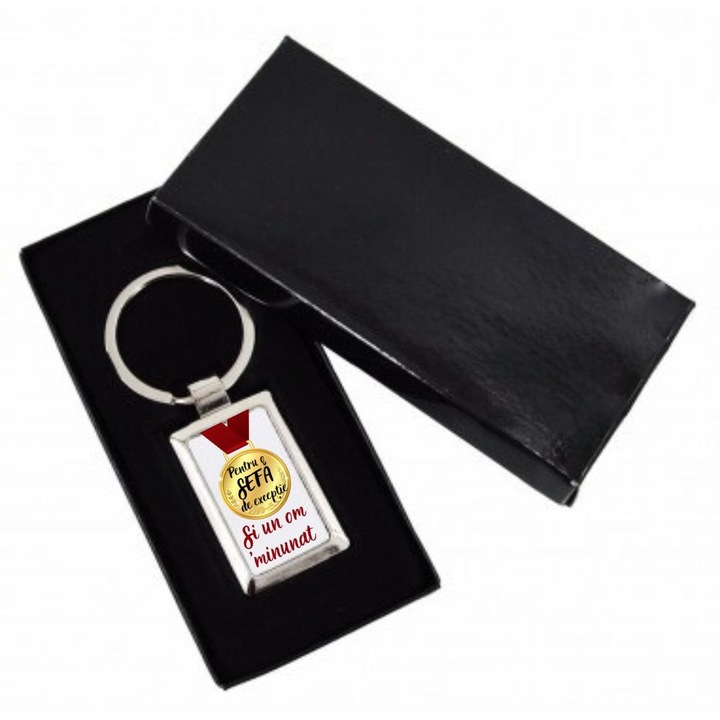 Breloc personalizat, cu mesaj, pentru o sefa de exceptie, otel inoxidabil, 7.5x3 cm, cutie neagra
