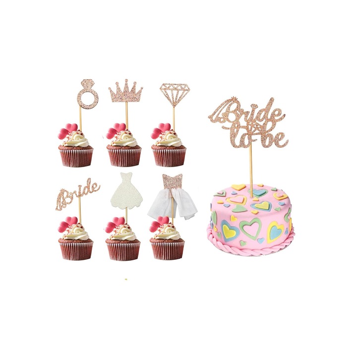 Decor tort, prajituri, briose, Bride to be, 17 buc, Alb/Auriu rose