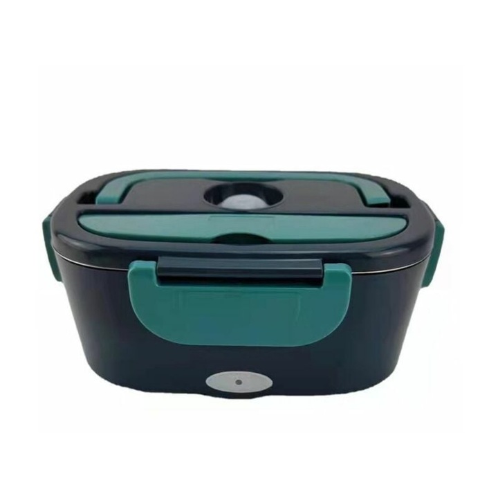 Cutie de pranz TrendiShop® electrica portabila, otel inoxidabil si plastic, ideala pentru birou sau pentru soferi, usor de curatat, 40w, 220V/12V/24V, 1.5L, Verde