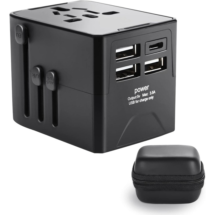 Adaptor incarcator universal priza de calatorie Bailink, 6A priza, 3.5A USB tip C, 3 x USB, 1 x Type-C, Siguranta Incorporata plus Rezerva, All in One pentru US, UK, EU, Australia, Asia, set cu husa EVA, Negru