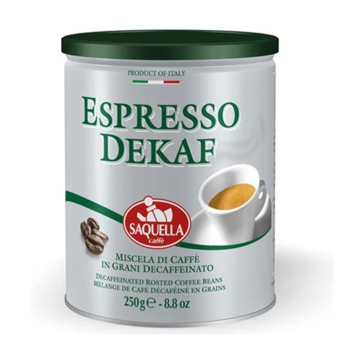 Cafea boabe decofeinizata, Saquella Caffe Espresso Dekaf, cutie 250g, prajire medie, intensitate 4/5, potrivita pentru expesoare de cafea