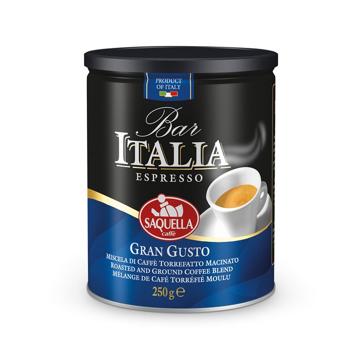 Cafea macinata, Saquella Bar Italia Gran Gusto, cutie 250g, prajire medie, intensitate 5/5, potrivita pentru toate metodele de preparare