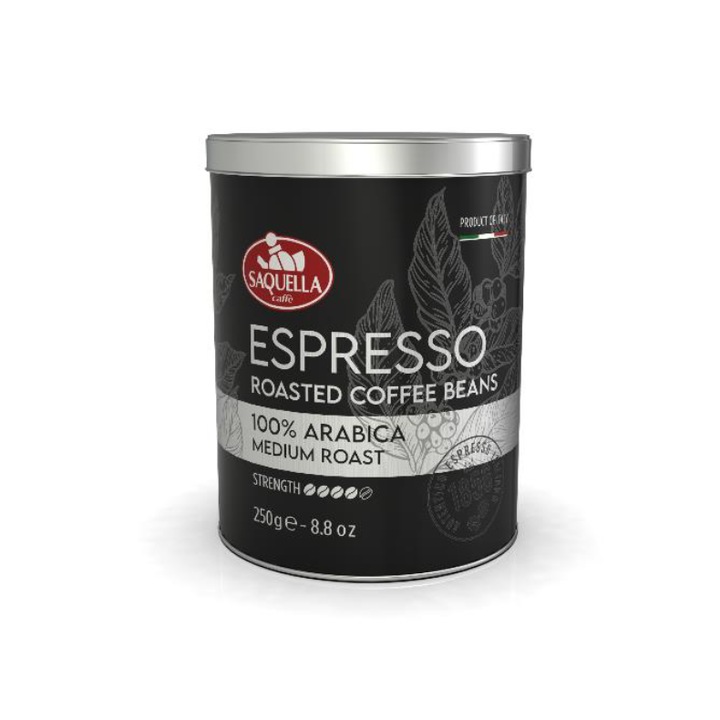 Cafea boabe Saquella Italia Espresso 100% Arabica, cutie 250g, prajire medie, tarie 4/5, potrivita pentru espressoare de cafea