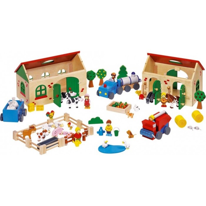 Set de Joaca Ferma, Goki, 71 Elemente din Lemn, Multicolor