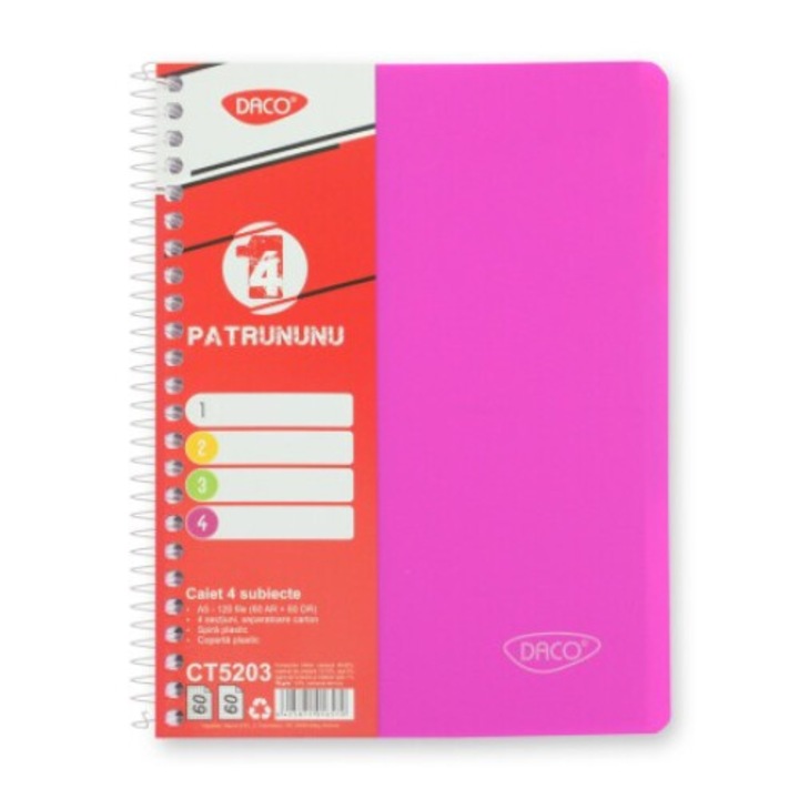Тефтер Daco A5, 120 страници 60 AR и 60 DR с микроперфорации за късане, подвързия тип пластмасова спирала, розова пластмасова корица
