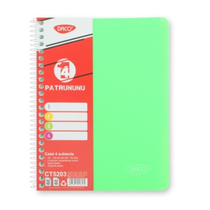 Тефтер Daco A5, 120 листа 60 AR и 60 DR с микроперфорации за късане, подвързване: пластмасова спирала, зелена пластмасова корица