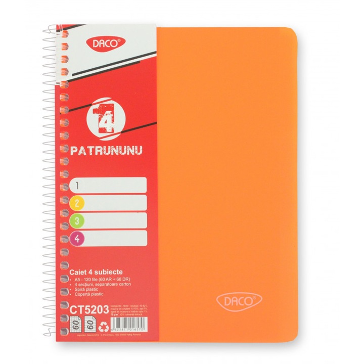 Тефтер Daco A5, 120 страници 60 AR и 60 DR с микроперфорации за късане, подвързия тип пластмасова спирала, оранжева пластмасова корица
