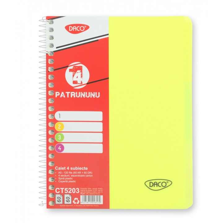 Тетрадка Daco A5, 120 страници 60 AR и 60 DR с микроперфорации за късане, подвързия тип пластмасова спирала, жълта пластмасова корица