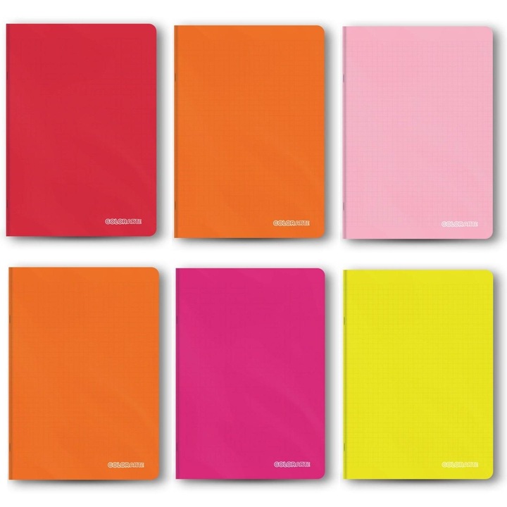 Set 6 caiete A5, 60 file dictando, coperti plastic, hartie 70 g/mp, Colorarte, culori calde