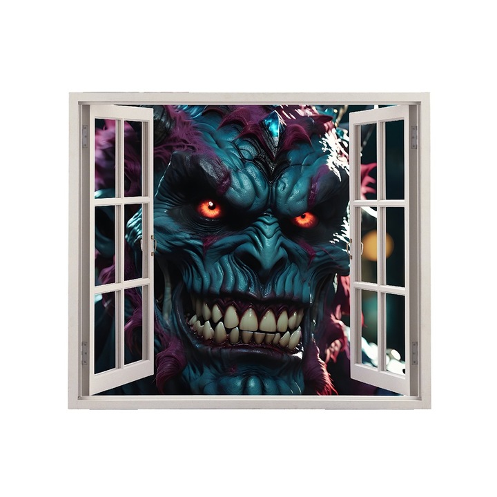 Autocolant pentru perete tip fereastra, Model Monster, Dimensiuni 125 x 110 cm, Sticker Autoadeziv, Rezistent in timp, Culori Vibrante, Vopsele Ecologice Durabile, Aplicare facila si rapida