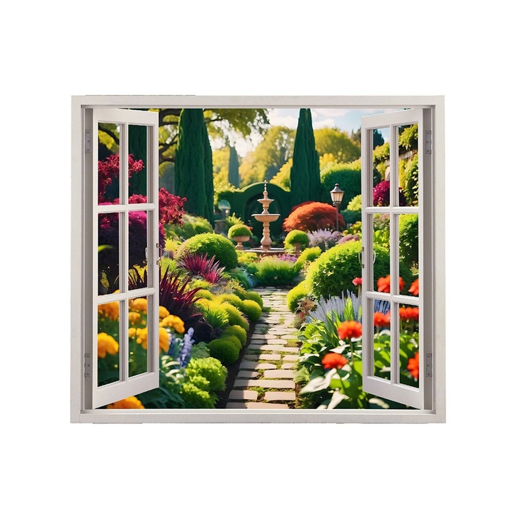 Autocolant pentru perete tip fereastra, Model Garden, Dimensiuni 125 x 110 cm, Sticker Autoadeziv, Rezistent in timp, Culori Vibrante, Vopsele Ecologice Durabile, Aplicare facila si rapida