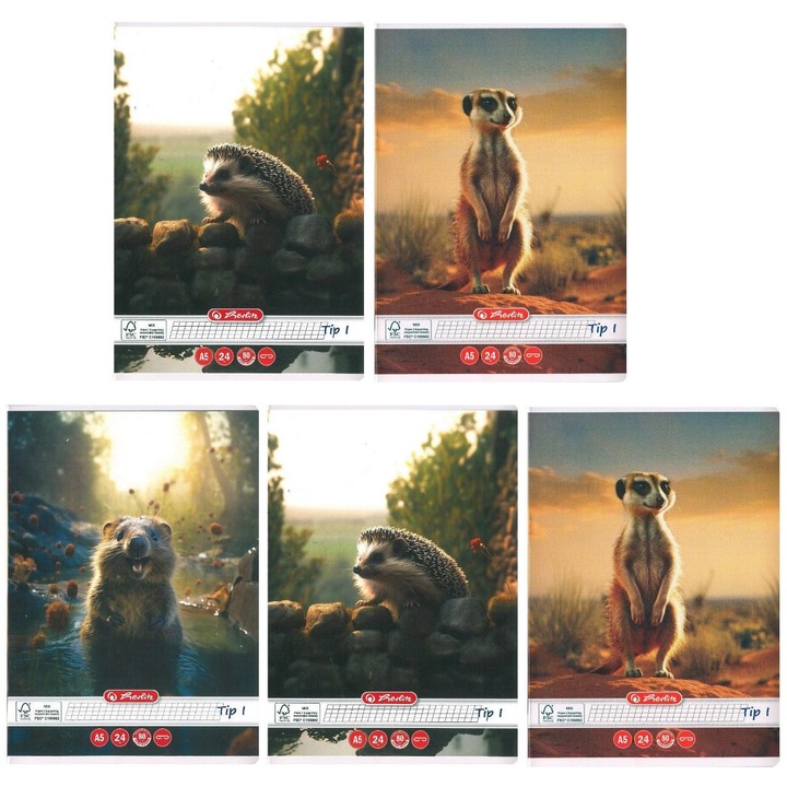 Set 5 caiete premium Tip I Herlitz, 24 file, 80 g/mp, liniate, design Funny Wildlife