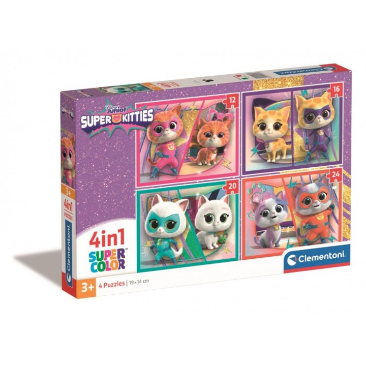 Puzzle 4 in 1 Clementoni Superkitties, 12/16/20/24 piese, 19x14cm, 3+