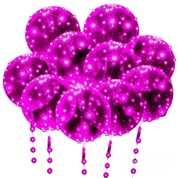 Set 10 baloane LED transparente, 51 cm, 10 leduri roz 3 m, Lipici dublu adeziv