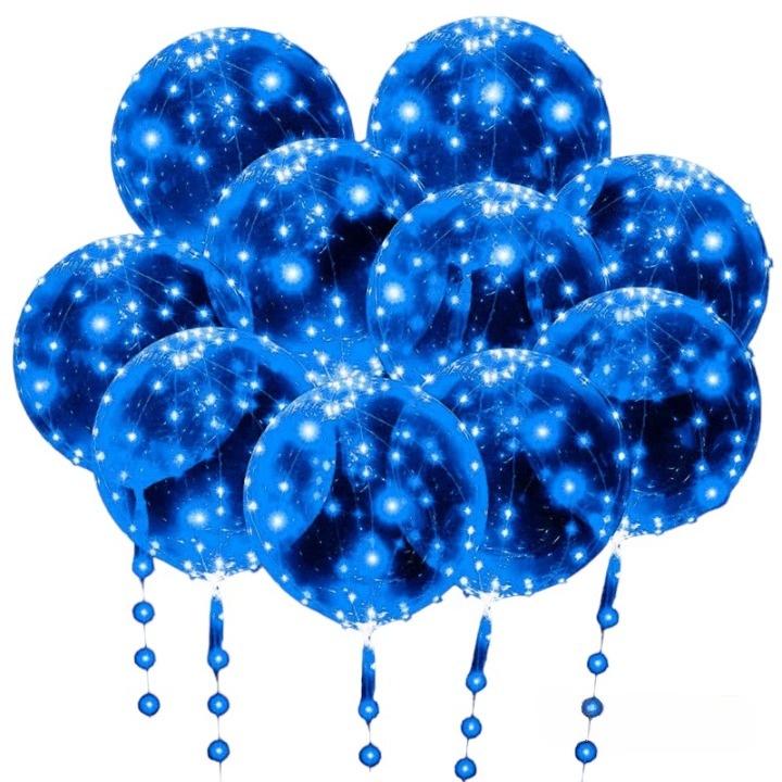 Set 10 baloane LED transparente, 51 cm, 10 leduri albastre 3 m, Lipici dublu adeziv