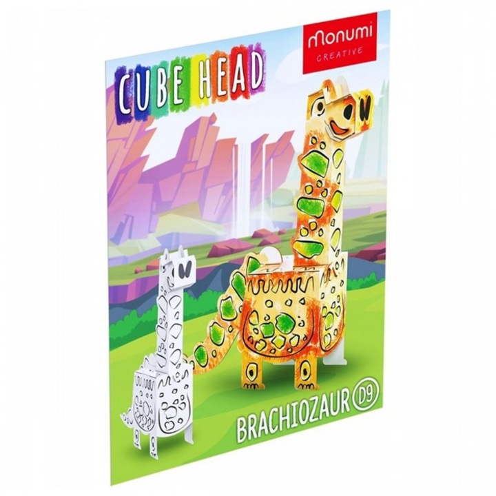 Pagina de colorat 3D CubeHead, Monumi Dino Brachiosaurus, multicolor