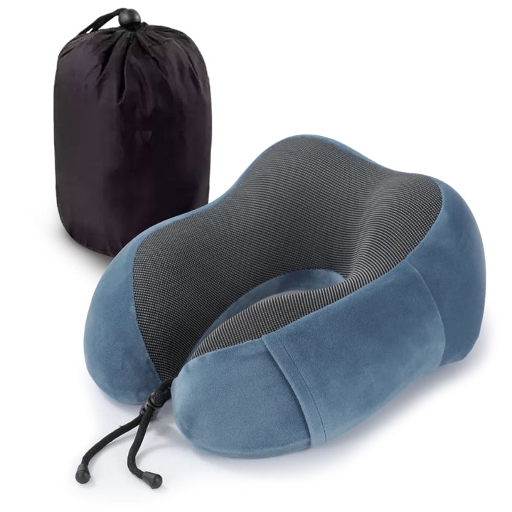 Perna de calatorie pentru gat din spuma cu memorie, zioda smart essentials®, suport cervical ergonomic pentru calatorii, somn, relaxare, husa detasabila si lavabila, saculet de transport, albastru