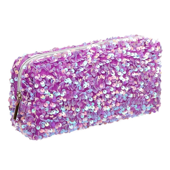 Penar Shopiens® cu fermoar, de culoare mov cu textura catifelata si paiete, 21 x 6 x 9.5 cm