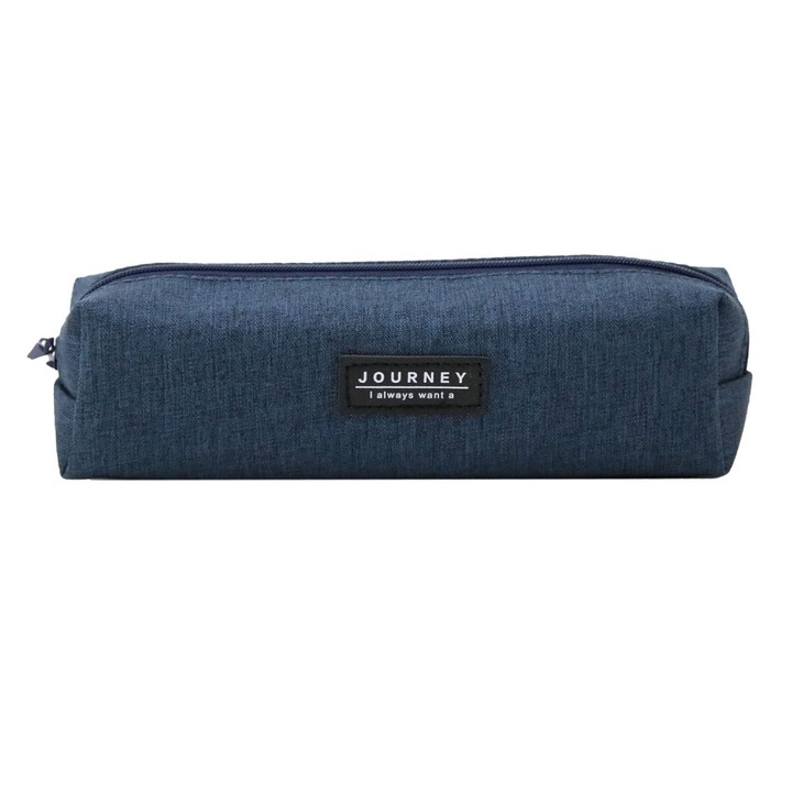 Penar Shopiens® tip tub, de culoare albastra cu fermoar si patch negru ”I always want a Journey”, 19 x 5.5 x 5.5 cm
