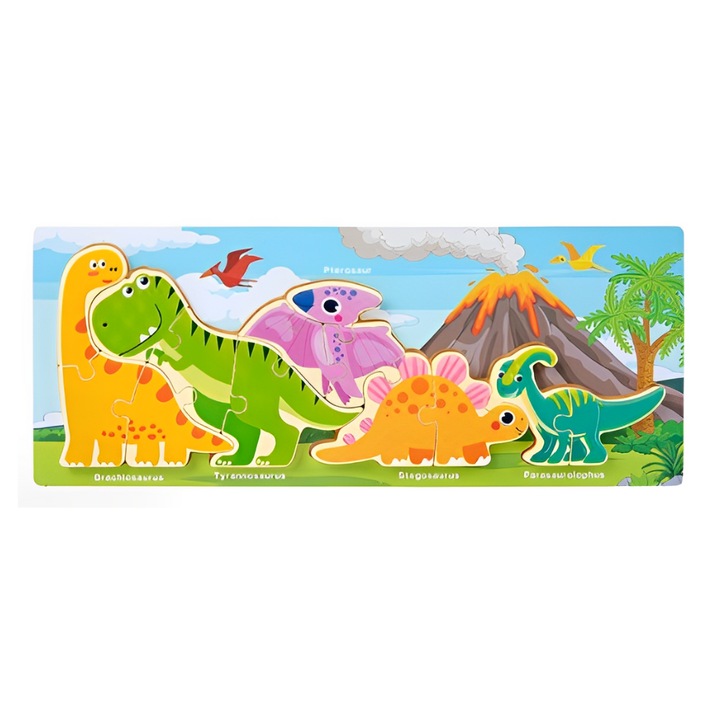 Puzzle educativ incastru Montessori cu dinozauri si vulcan, Onore, multicolor, 38 x 15 cm, denumiri lb. engleza, 12 piese