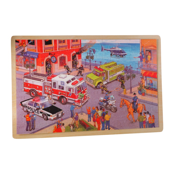 Puzzle educativ Montessori cu pompieri si politie, Onore, multicolor, lemn, 45 x 30 cm, 100 piese