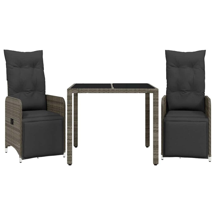 Set bistro de gradina cu perne, vidaXL, 3 piese, gri, poliratan, 32.6 kg 3277165