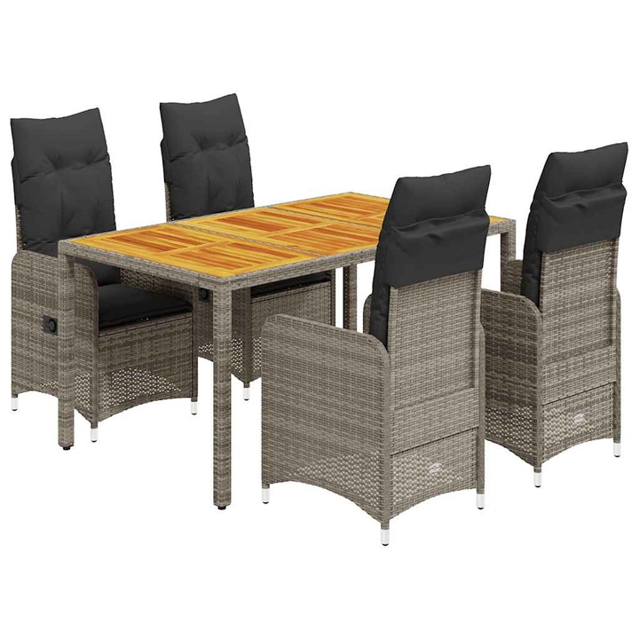Set bistro de gradina cu perne vidaXL, 5 piese, gri, poliratan, 35.4 kg