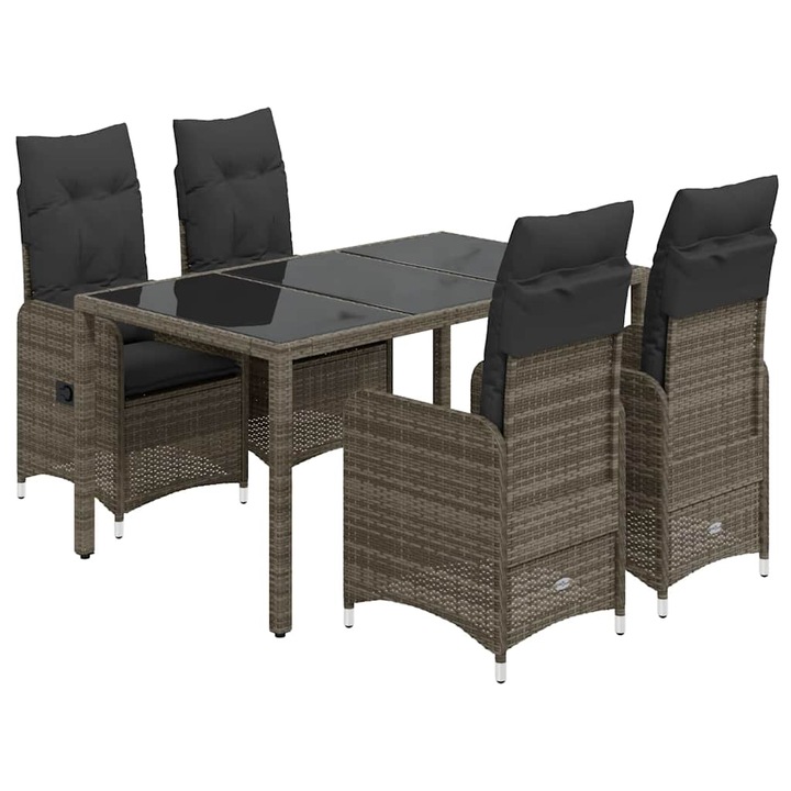 Set bistro de gradina cu perne vidaXL, 5 piese, gri, poliratan, 37.9 kg