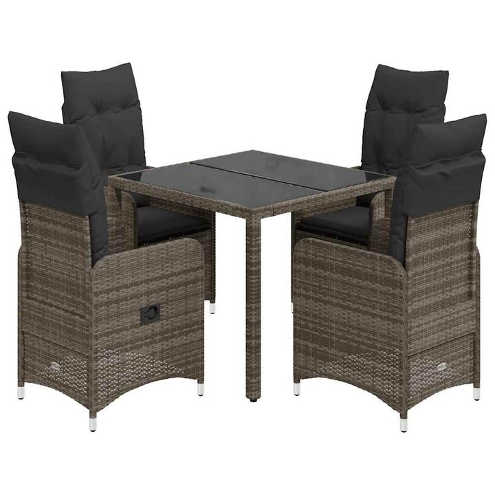 Set bistro de gradina cu perne vidaXL, 5 piese, gri, poliratan, 31.4 kg 3277032