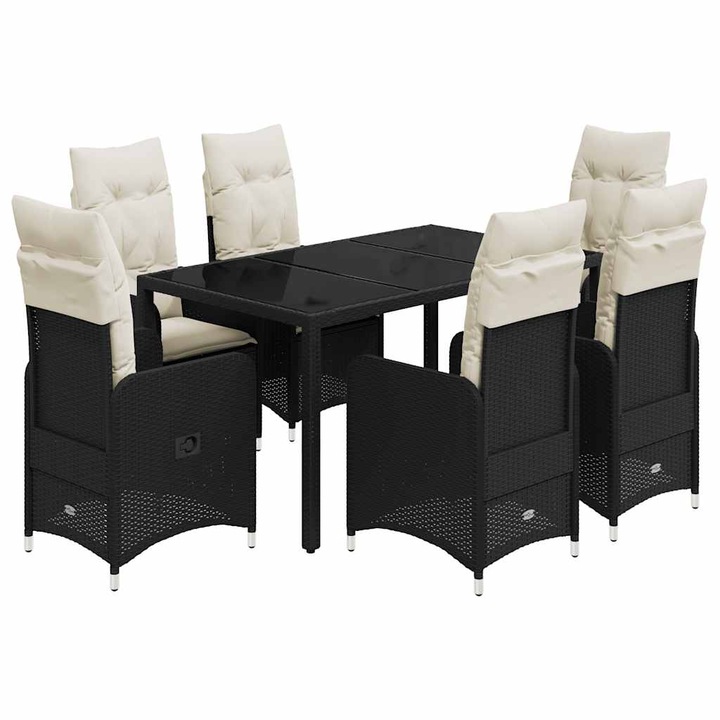 Set bistro de gradina vidaXL, 7 piese, cu perne, negru, poliratan, 37.9 kg