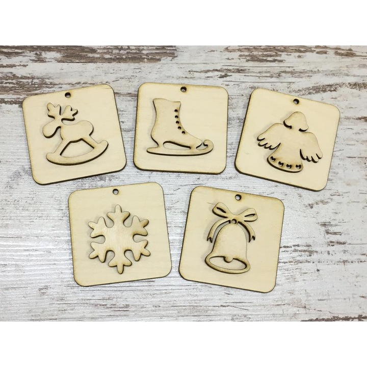 Lemn natural - Set decoratiuni patrate de Craciun 7cm 5buc/pachet
