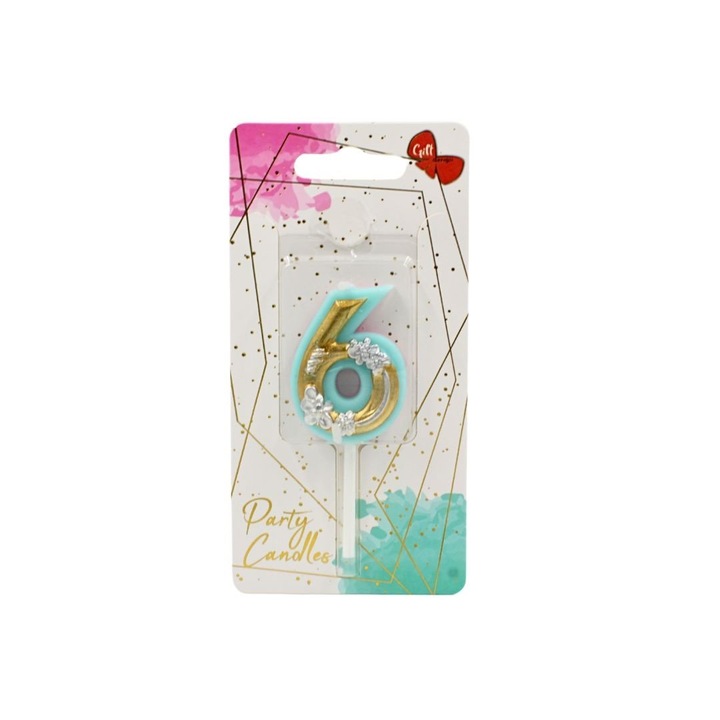 Lumanare aniversara pentru tort, Giftdesign, cifra 6, colectia Flower, 4.5 cm