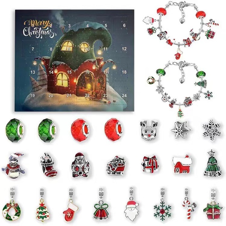 TASCO karácsonyi adventi naptár, barkács ékszerkészlet, 22 bájgyöngy, 2 karkötő lánc, többszínű, 16 cm