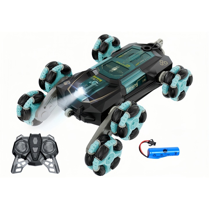 Masinuta cu telecomanda, Transformabil, Condus in ambele sensuri, Efect de fum cu vapori apa, Lumini led si muzica, Rotatie de 360 °, Stunt Car, 6 roti, 1 Baterii- autonomie 30 minute, Negru