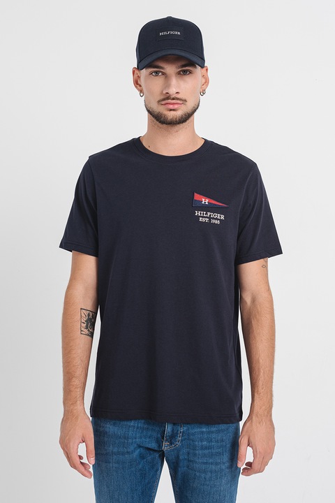 Tommy Hilfiger, Tricou cu decolteu la baza gatului si logo brodat, Bleumarin