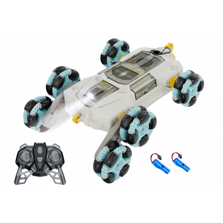 Masinuta cu telecomanda, Transformabil, Condus in ambele sensuri, Efect de fum cu vapori apa, Lumini led si muzica, Rotatie de 360 °, Stunt Car, 6 roti, 2 Baterii- autonomie 60 minute, Alb