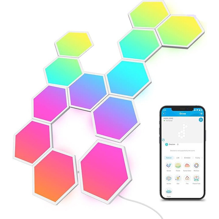 Aplice hexagonale Feicaeesa Glide, LED RGBIC, sincronizare muzicala, compatibile Alexa Google Assistant, set 12 buc, multicolor