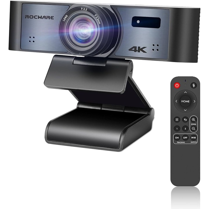 Уеб камера Rocware RC16, 4K, 30 fps, USB 3.0, хоризонтален ъгъл 110 градуса, 8 вградени микрофона, AI human tracking, 8x дигитален зум