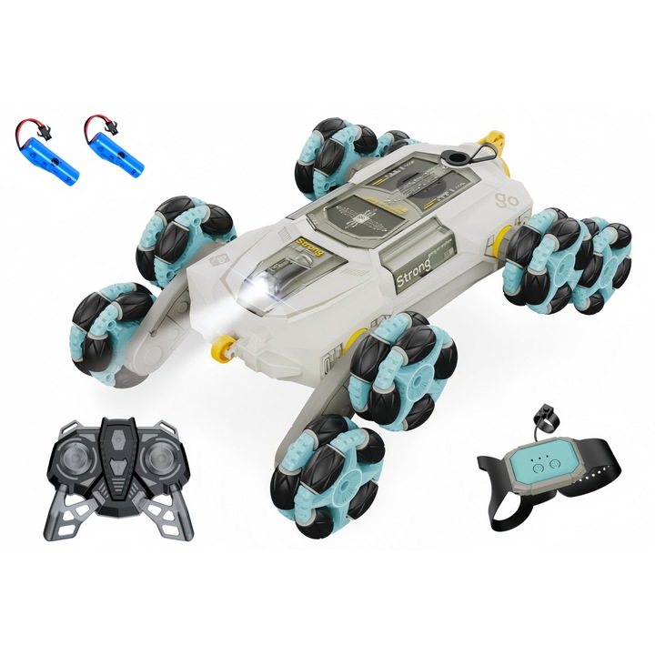 Masinuta cu telecomanda, Transformabil, Condus in ambele sensuri, Efect de fum cu vapori apa, Lumini led si muzica, Rotatie de 360 °, Stunt Car, 8 roti, Control prin gesturi, 2 Baterii- autonomie 60 minute, Alb