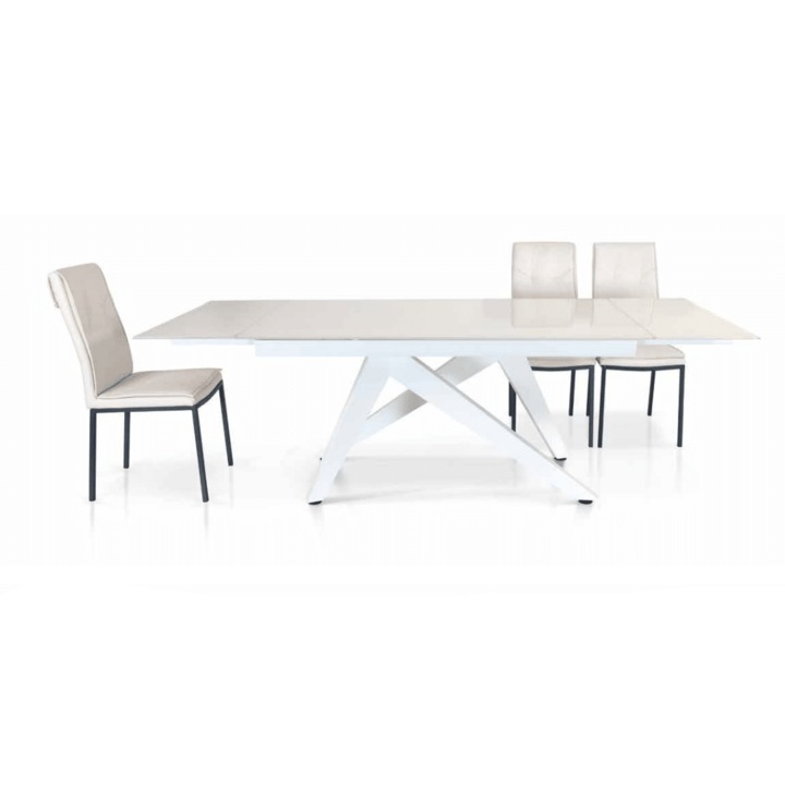 Masa Sasso extensibila, blat sticla ceramica alb, picior metalic alb 160 cm/90cm/76cm