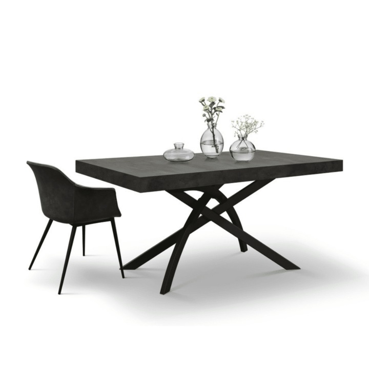 Masa Cleo extensibila, blat gri antracit, picior metalic negru 160 cm/90 cm